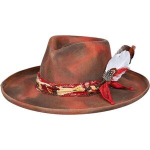 Unisex Wine Red Western With Feather & Band Detail Classic Fedora Cowboy Hat